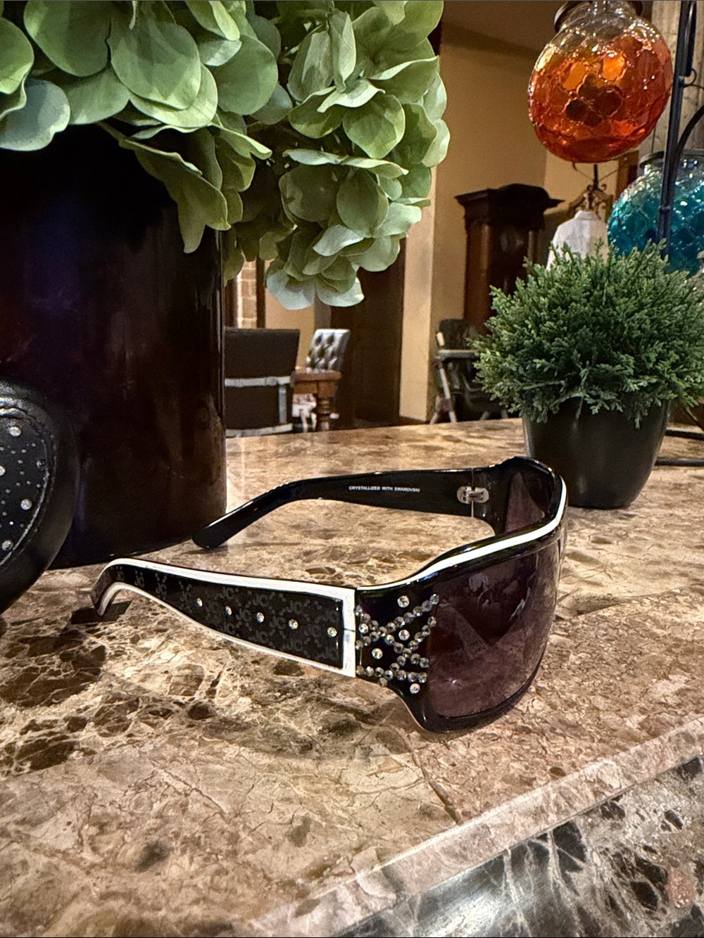 Black Swarovski Crystal-Trim Shield Sunglasses - Picture 3 of 14